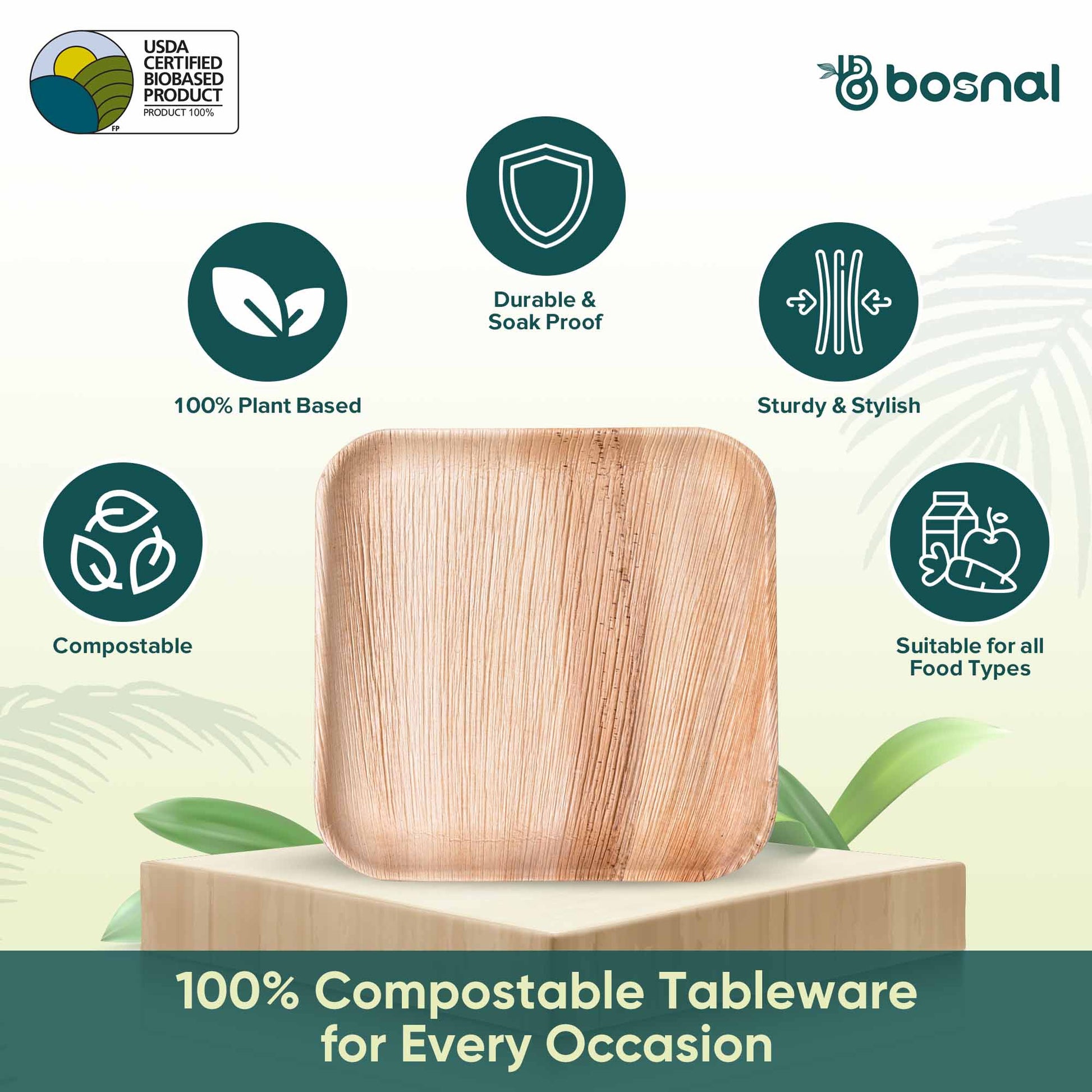 Bosnal - Palm Leaf Biodegradable Plates, 10 inch, Square - themonogram manor 