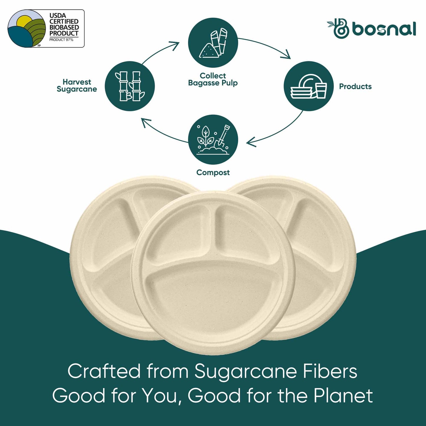 Bosnal - Sugarcane Bagasse Compostable Plates, 10 inch 3 - Compartment, Round - themonogram manor 