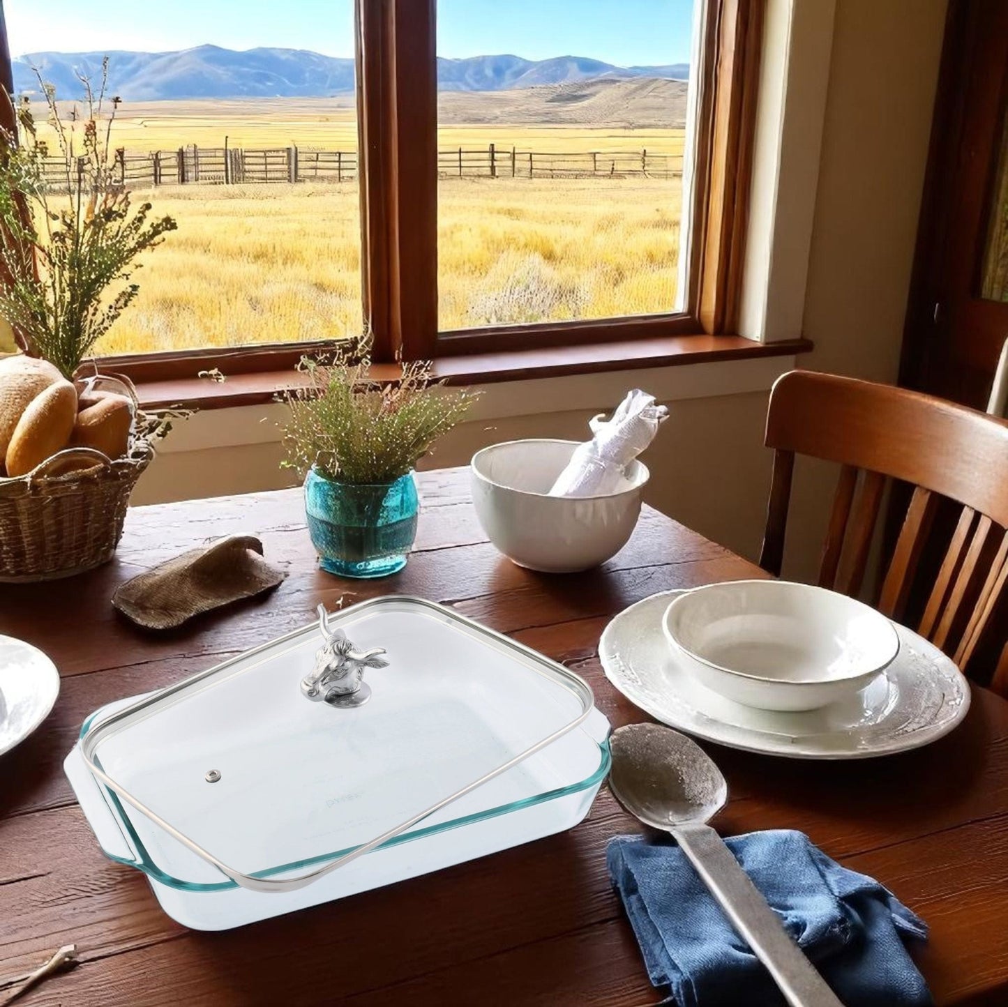 Bull / Steer Lid with Pyrex 3 quart Baking Dish - themonogram manor 