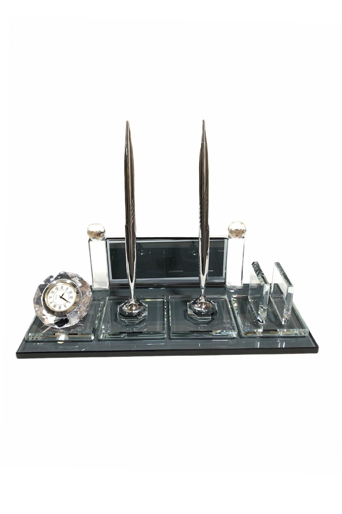 MOOG Black Glass Desk Name Plate With Clock - themonogram manor 