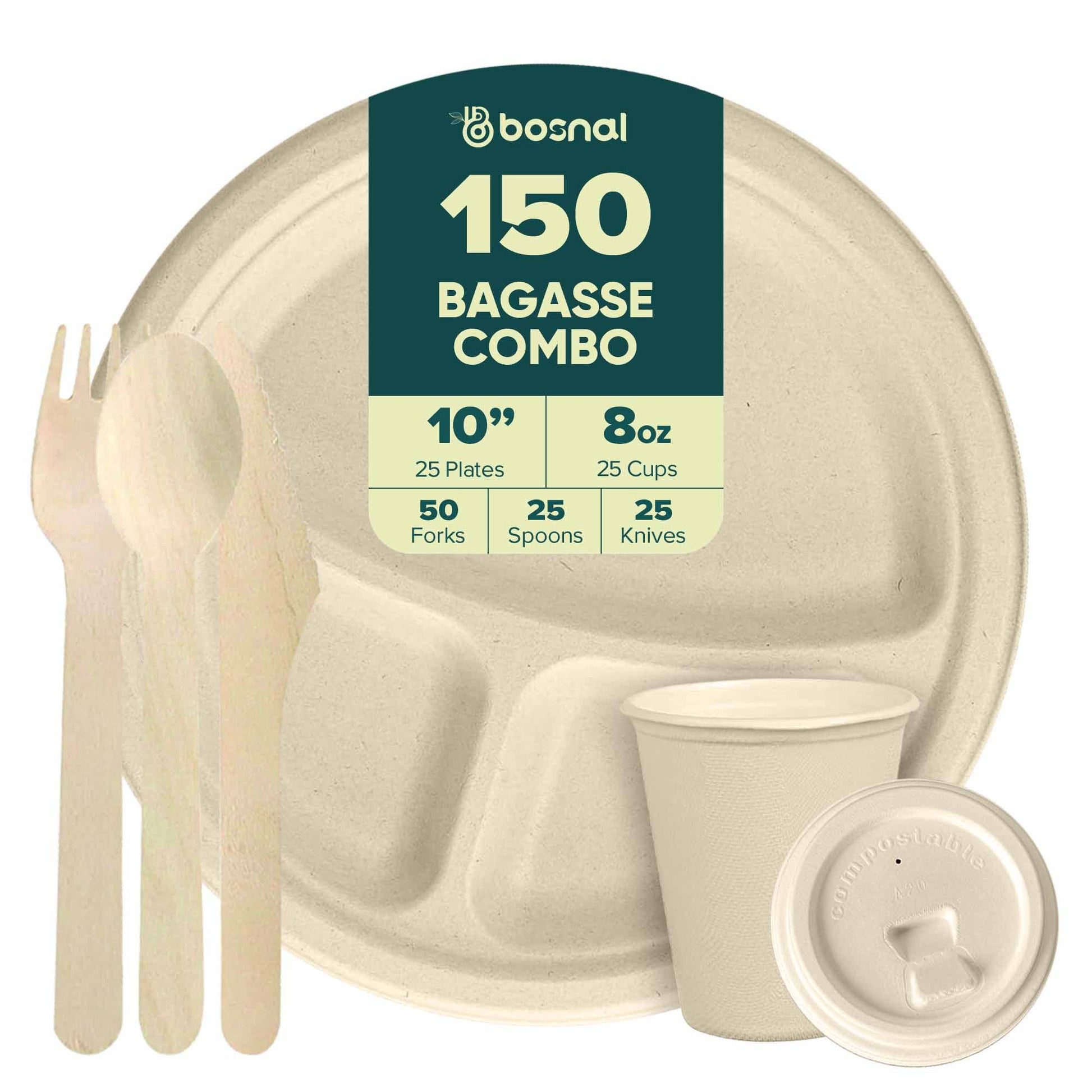 Bosnal – Sugarcane Bagasse Compostable 3 - Compartment Round Plates & 8 Oz Cups with Lids & Cutlery - themonogram manor 