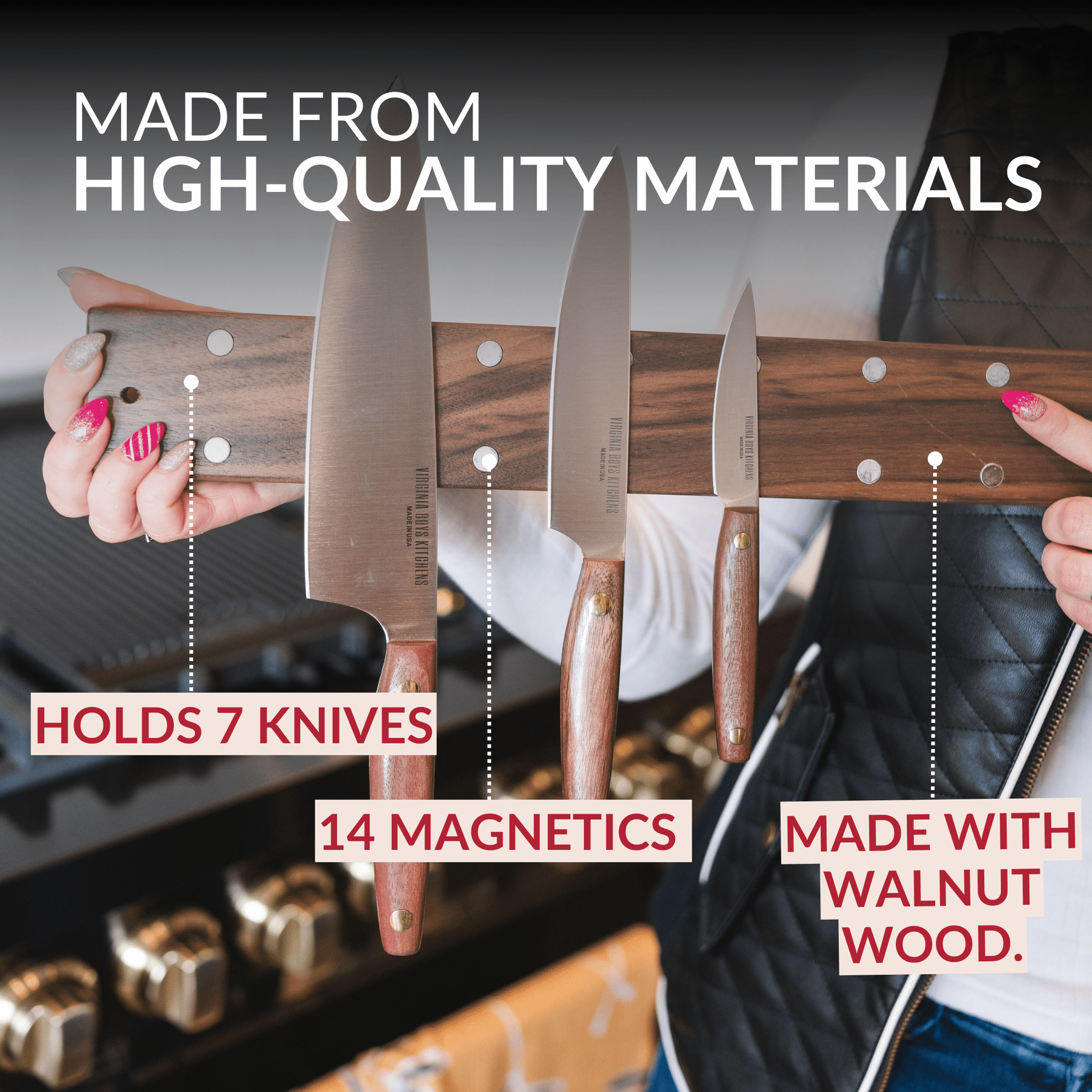 16" Wall Mounted Magnetic Walnut Wood Knife Rack - Holds 7 Knives - themonogram manor 