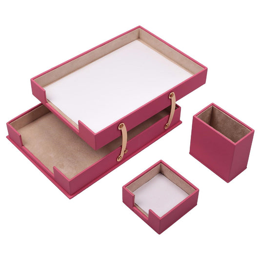 MOOG Leather Desk Set - 3 Accessories - Double Document Tray - Pink - 3 PCS - themonogram manor 