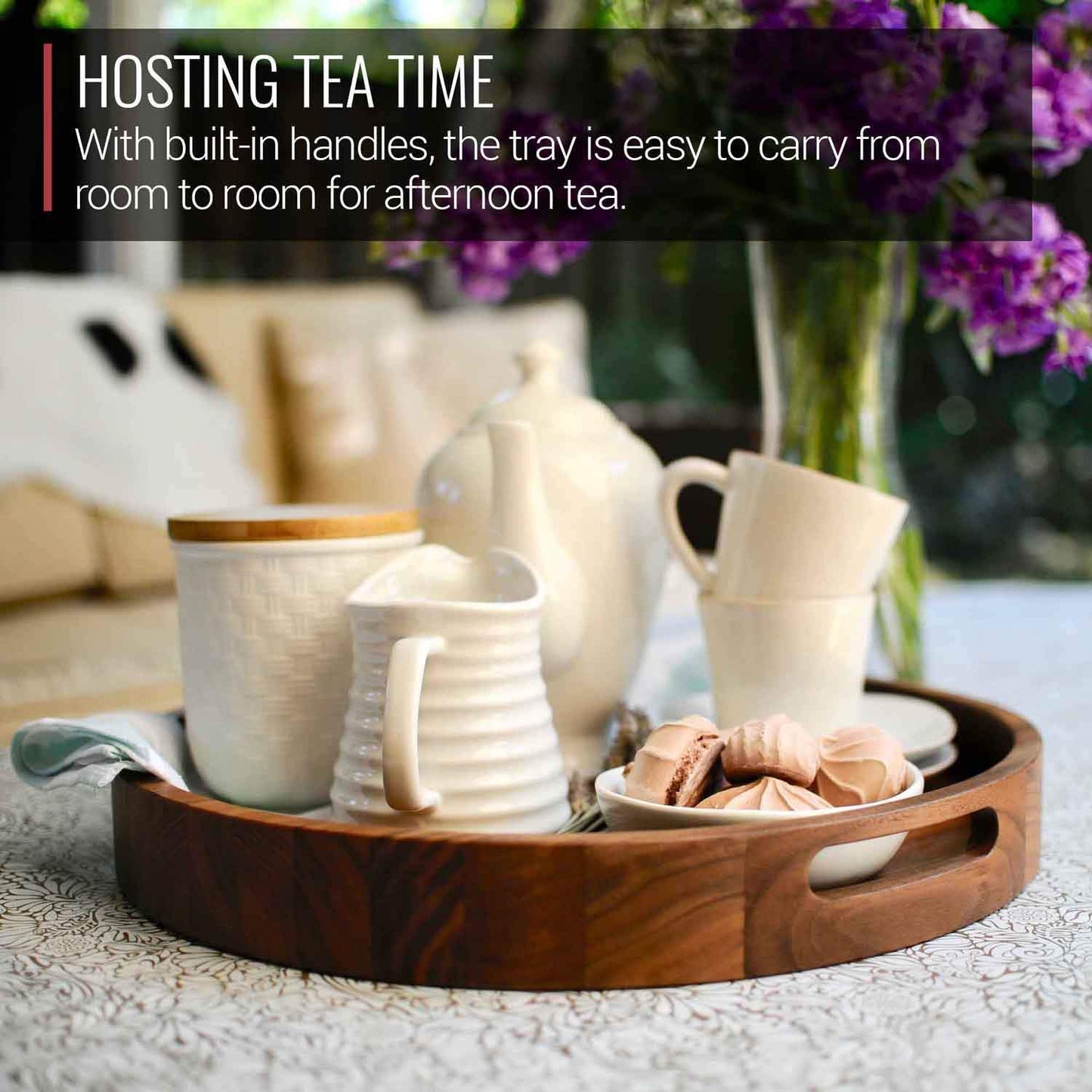 16.5 Inch Round Walnut Wood Serving and Coffee Table Tray with Handles - themonogram manor 