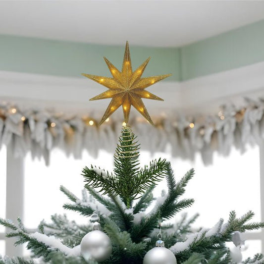 12" Lit Gold Glitter Star Tree Topper - themonogram manor 