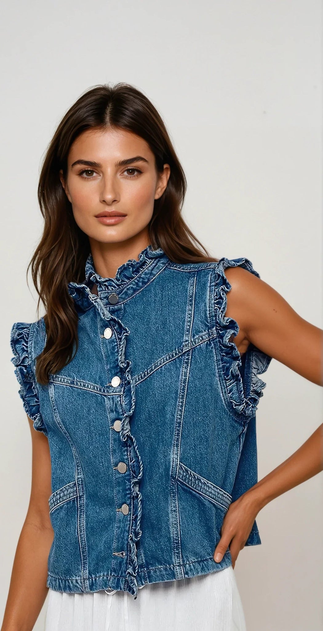 Victorian Muse Ruffle - Trim Denim Vest – High Collar Statement Layer - themonogram manor 