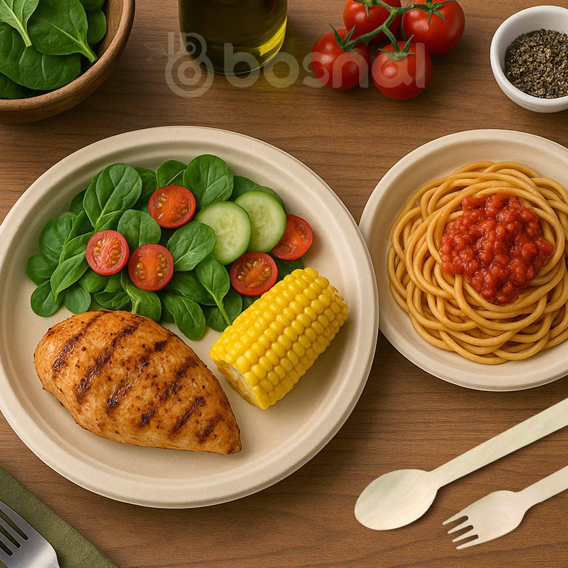 Bosnal - Sugarcane Bagasse Compostable 10 inch & 7 inch Round Plates with Cutlery - themonogram manor 