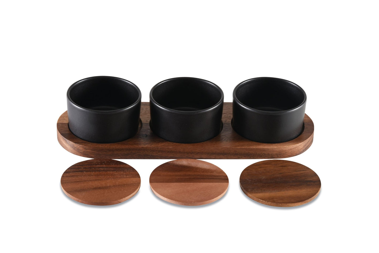 Ceramic Condiment Set on Acacia Wood Base - themonogram manor 