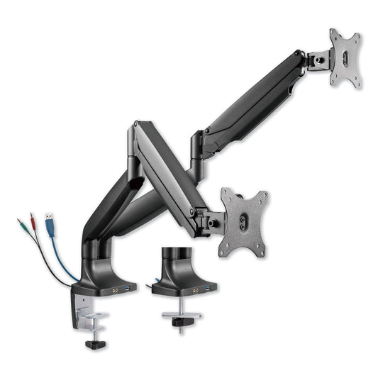 Alera AdaptivErgo Dual Monitor Arm with USB, For 27" Monitors, 180 deg Rotation, 30 deg Tilt, 135 deg Pan, Black, Supports 11 lb - themonogram manor 