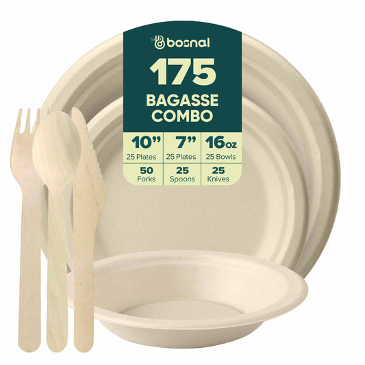 Bosnal – Sugarcane Bagasse Compostable 10 inch & 7 inch Round Plates with 16 Oz Bowls and Cutlery - themonogram manor 
