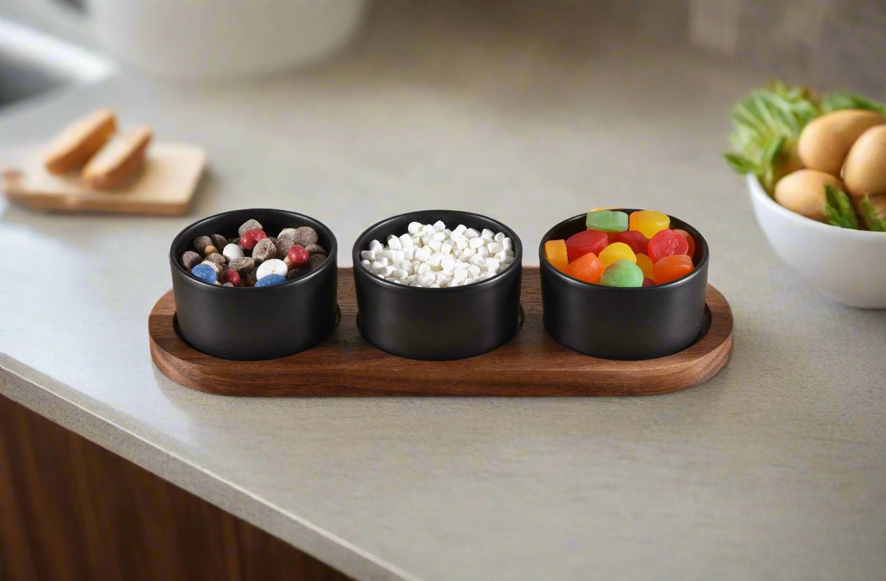 Ceramic Condiment Set on Acacia Wood Base - themonogram manor 