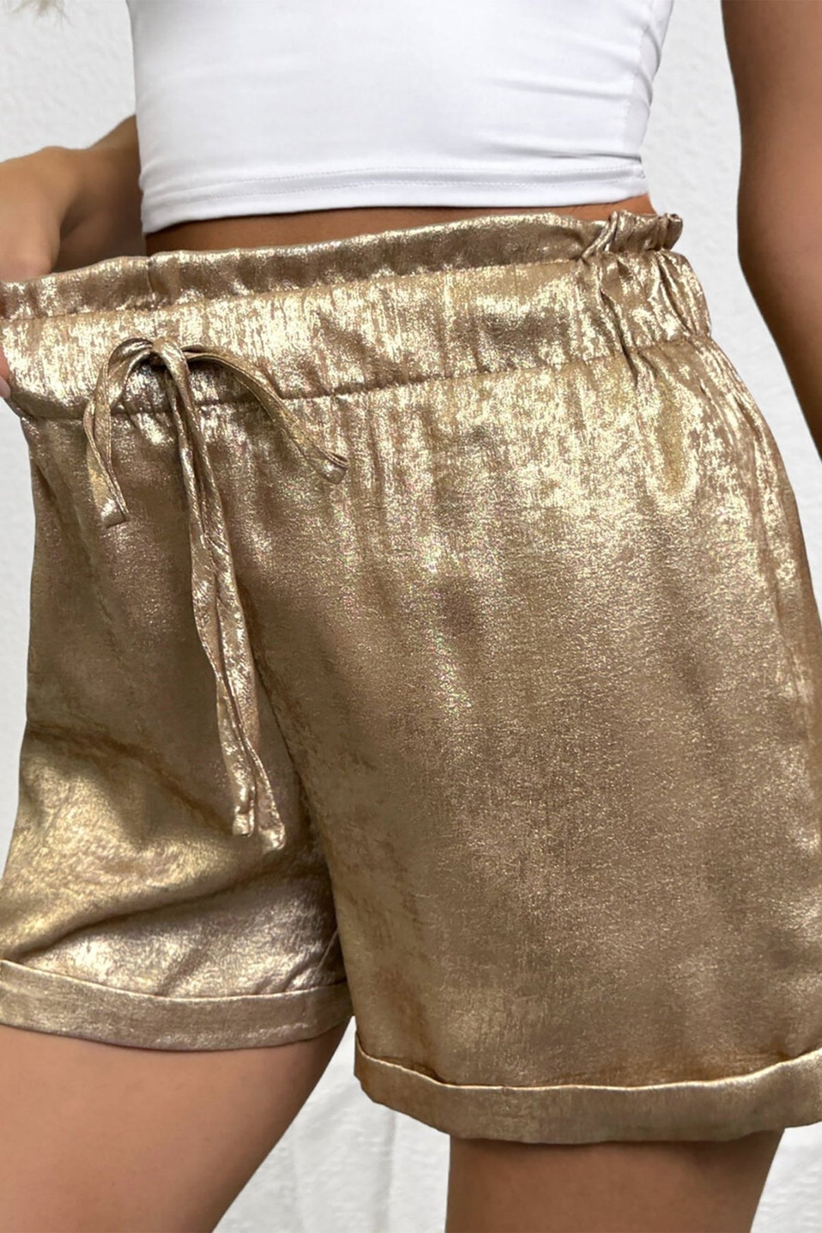 Metallic Tie Elastic Waist Cuffed Hem Shorts - themonogram manor 