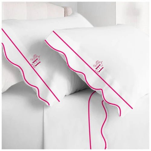 Monogram 400TC Cotton Scallop Embroidery & Border Sateen Solid Sheet Set - themonogram manor 