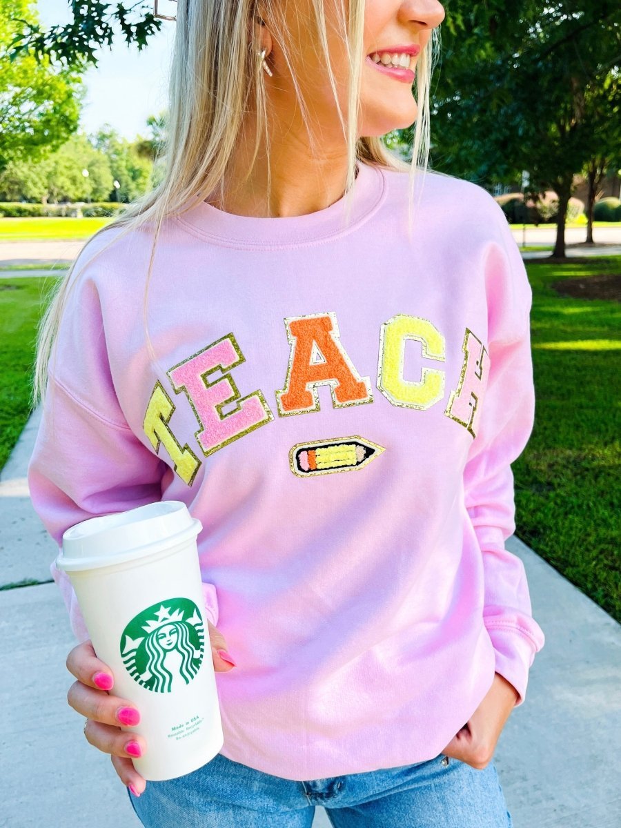 Teach Pencil Letter Patch Crewneck Sweatshirt - themonogram manor 