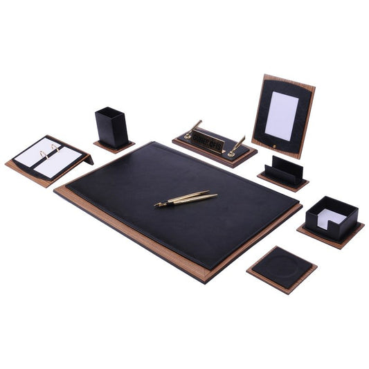 MOOG Star Leather Desk Set - Walnut Wood Combination - Black - 10 PCS - themonogram manor 