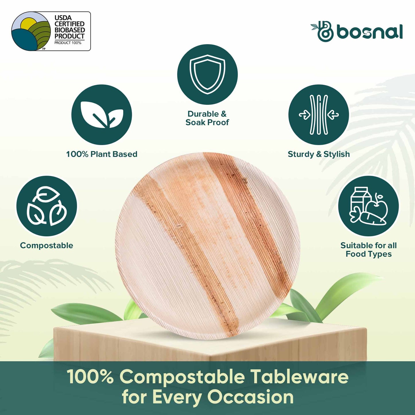Bosnal - Palm Leaf Biodegradable Plates, 9 inch, Round - themonogram manor 