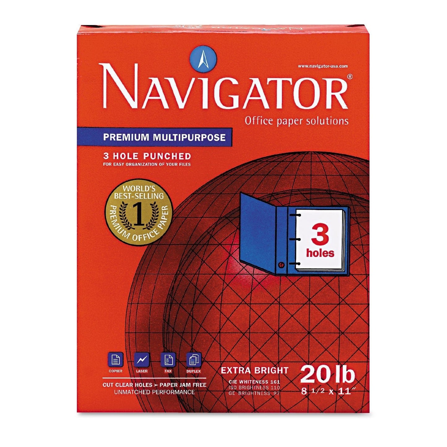 Navigator Premium Multipurpose Copy Paper, 97 Bright, 3 - Hole, 20 lb Bond Weight, 8.5 x 11, White, 500 Sheets/Ream, 10 Reams/Carton - themonogram manor 