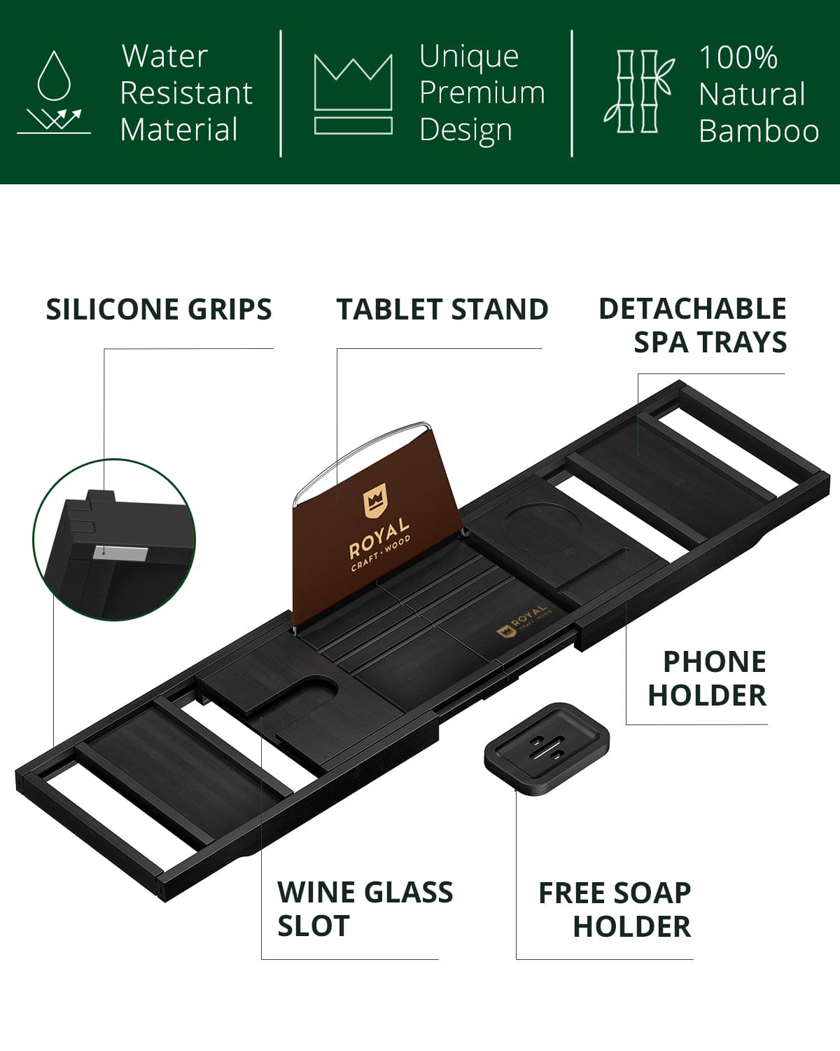 Foldable Bathtub Caddy Tray, Black - themonogram manor 