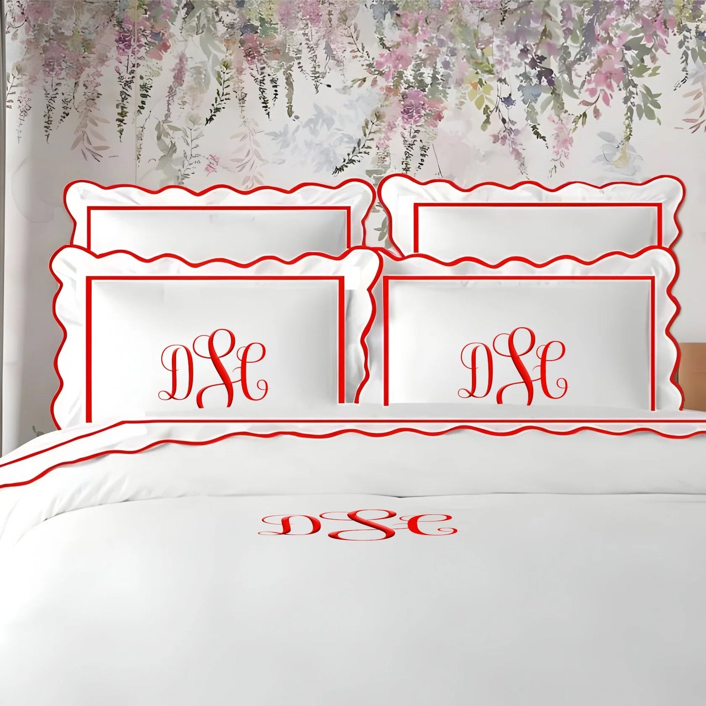 Monogram 400TC Cotton Scallop Embroidery & Border Sateen Solid Duvet Cover Set - themonogram manor 
