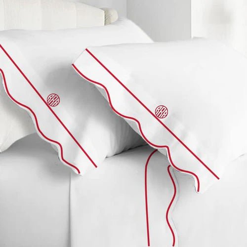 Monogram 400TC Cotton Scallop Embroidery & Border Sateen Solid Sheet Set - themonogram manor 