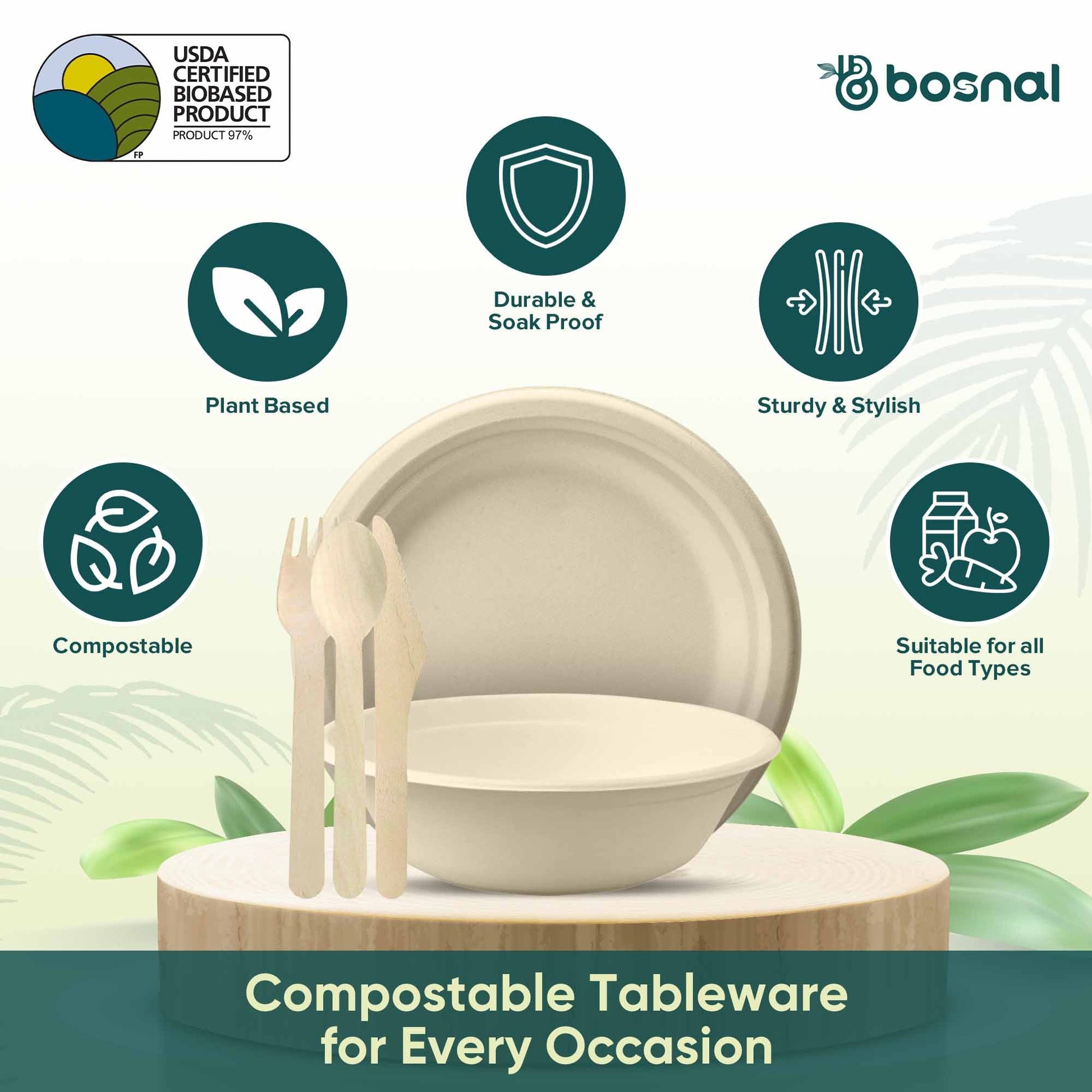 Bosnal – Sugarcane Bagasse Compostable 10 inch Round Plates with 32 Oz Bowls and Cutlery - themonogram manor 