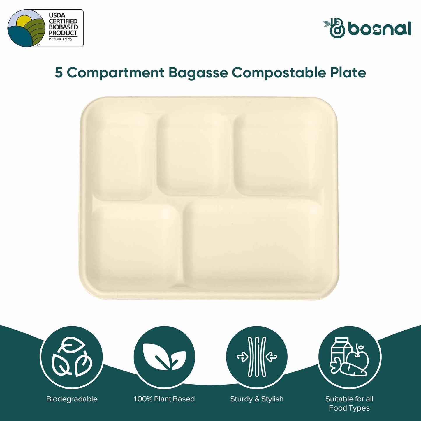 Bosnal - Sugarcane Bagasse Compostable 5 - Compartment Food Trays - Case of 16 (400 Pcs) - themonogram manor 