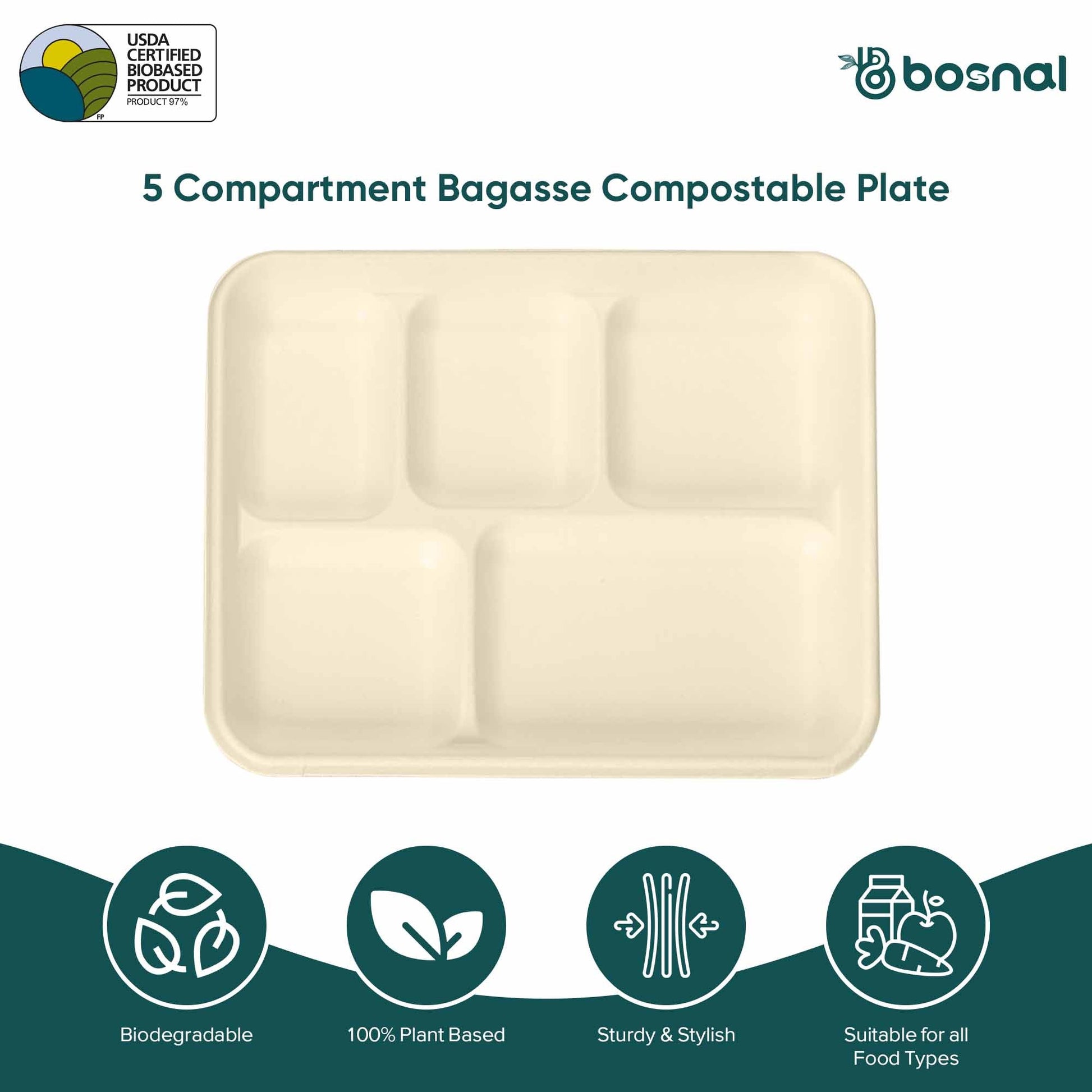 Bosnal - Sugarcane Bagasse Compostable 5 - Compartment Food Trays - Case of 16 (400 Pcs) - themonogram manor 