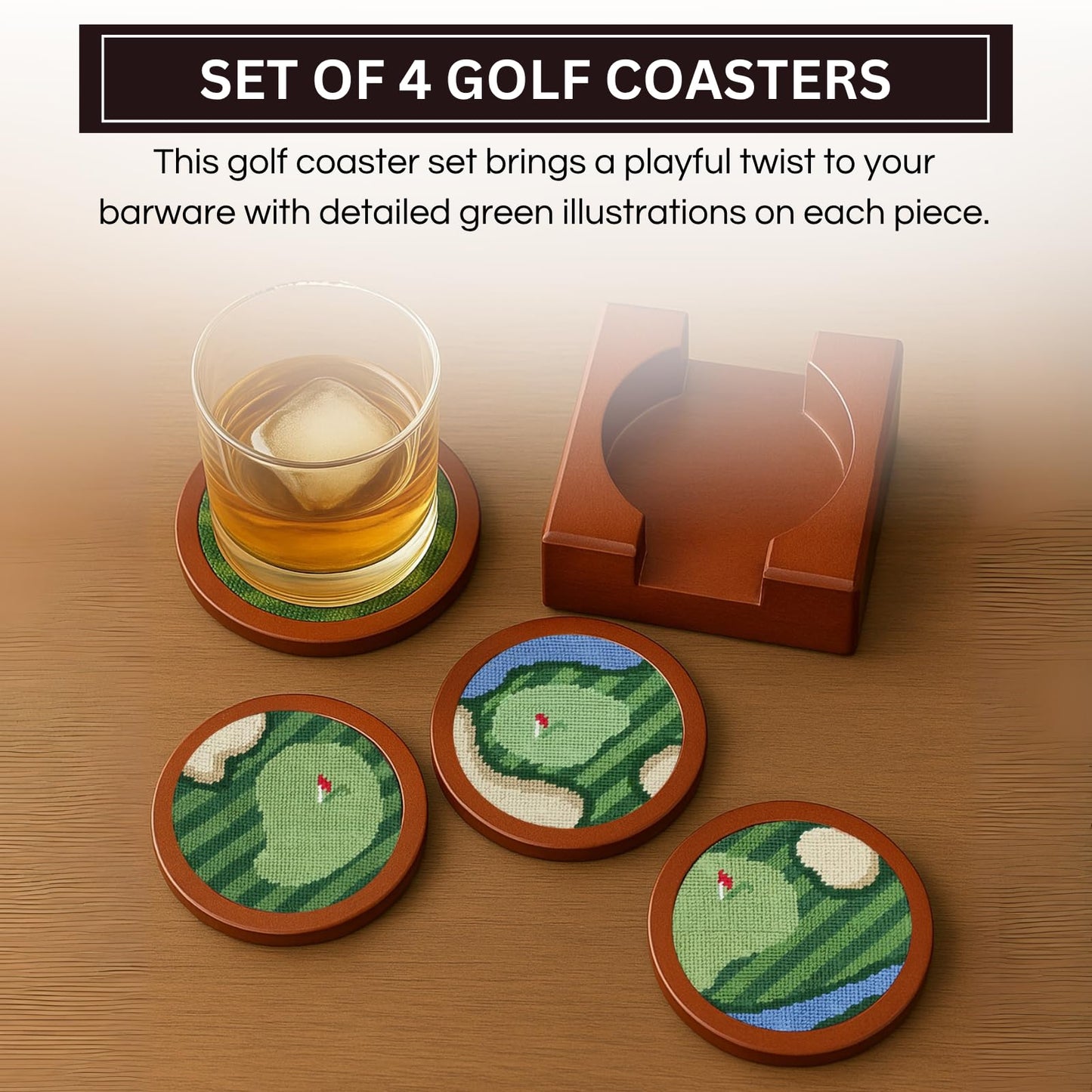 Golf Coasters, Durable Wooden Drink Coasters with Holder - themonogram manor 