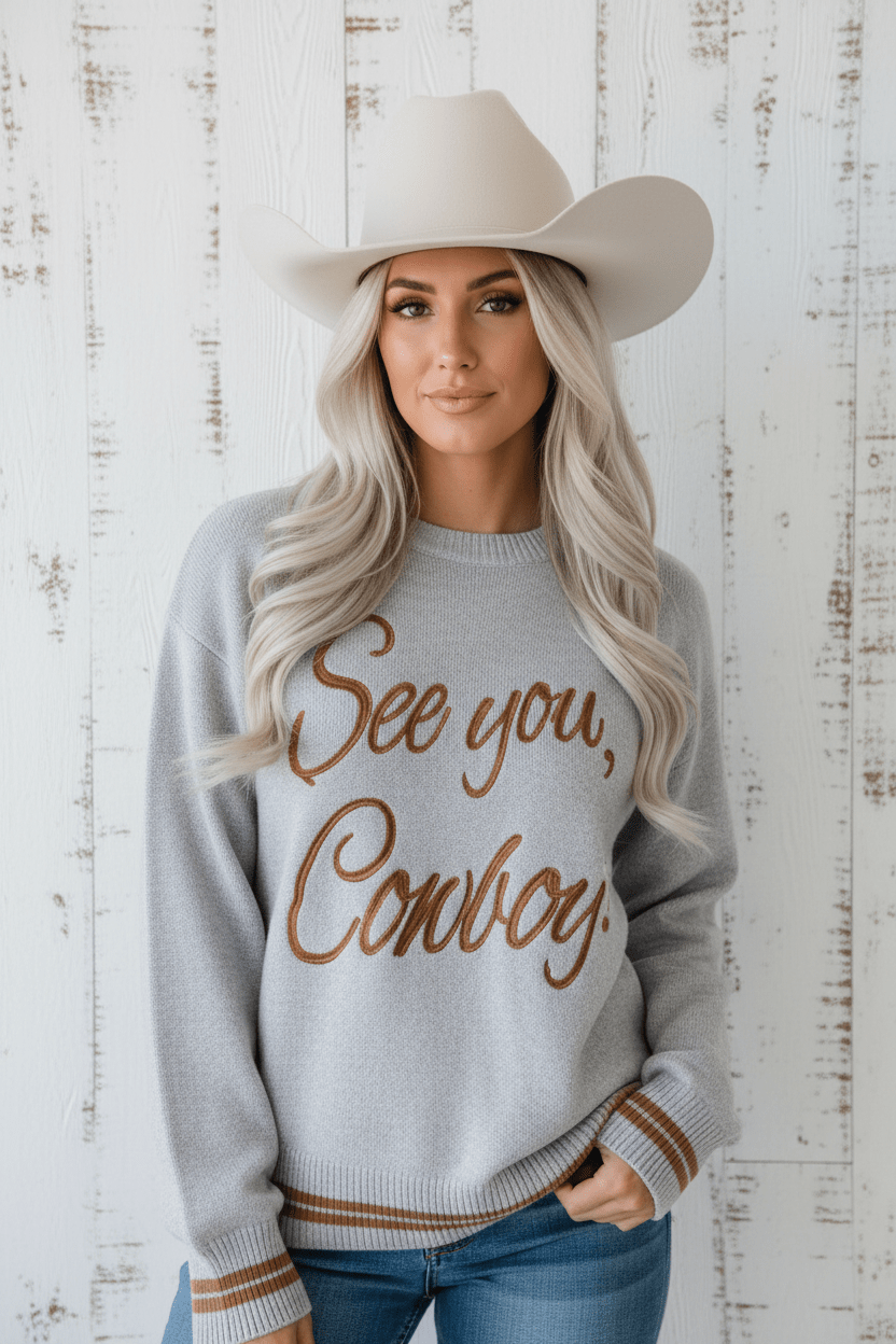 Western See You Cowboy Embroidered Stripe Cuff Sweater - themonogram manor 