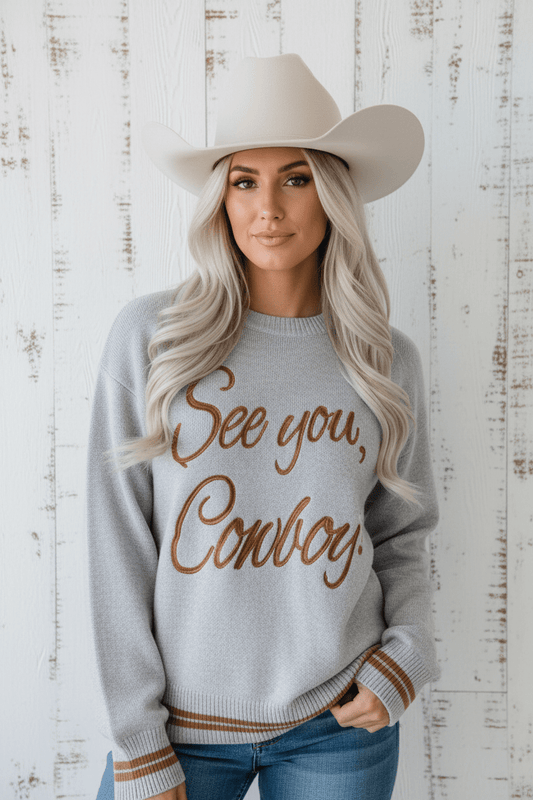 Western See You Cowboy Embroidered Stripe Cuff Sweater - themonogram manor 