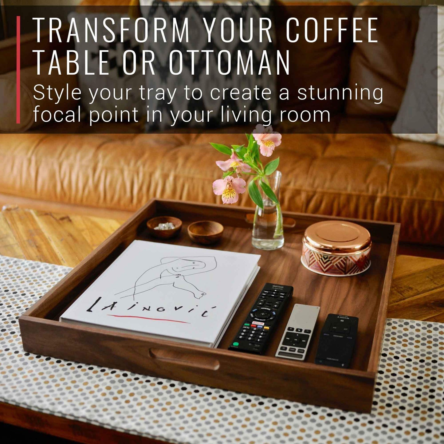 20 x 20 Inch Square Walnut Wood Serving and Coffee Table Tray with Handles - themonogram manor 