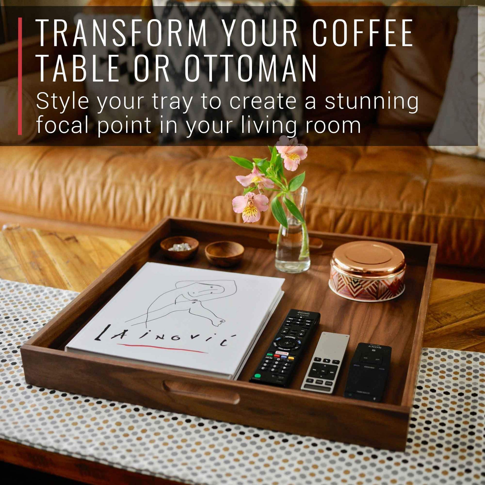 20 x 20 Inch Square Walnut Wood Serving and Coffee Table Tray with Handles - themonogram manor 