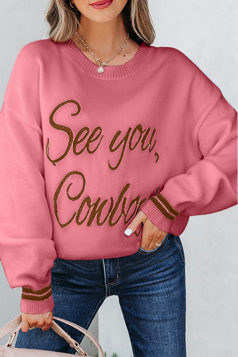 Western See You Cowboy Embroidered Stripe Cuff Sweater - themonogram manor 