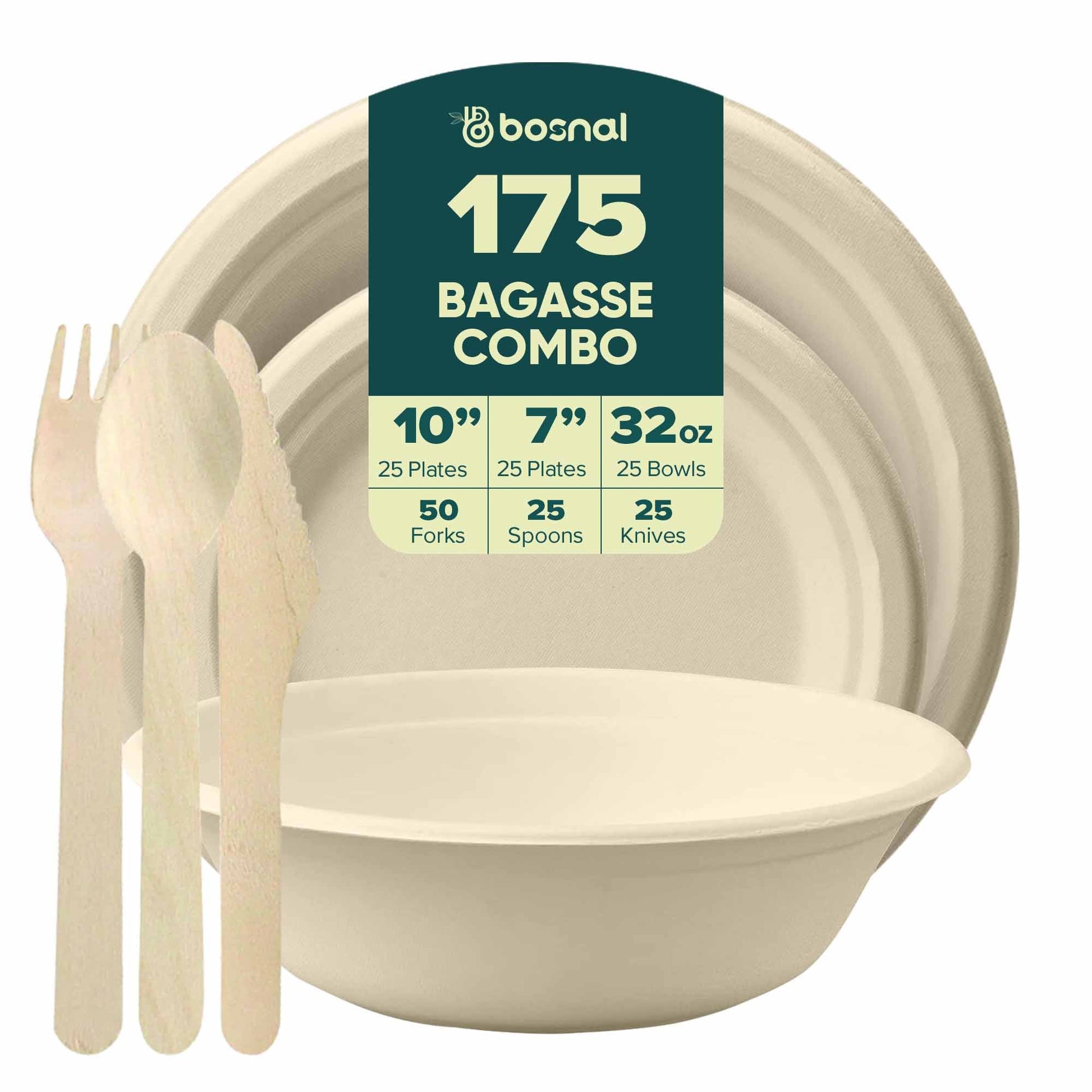 Bosnal – Sugarcane Bagasse Compostable 10 inch & 7 inch Round Plates, 32 Oz Bowls with Cutlery - themonogram manor 