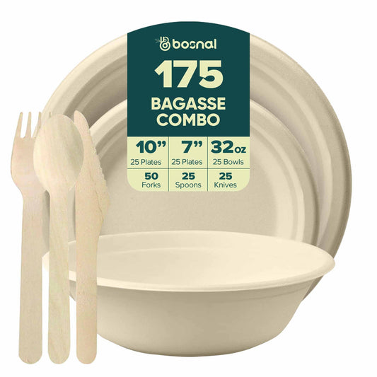 Bosnal – Sugarcane Bagasse Compostable 10 inch & 7 inch Round Plates, 32 Oz Bowls with Cutlery - themonogram manor 