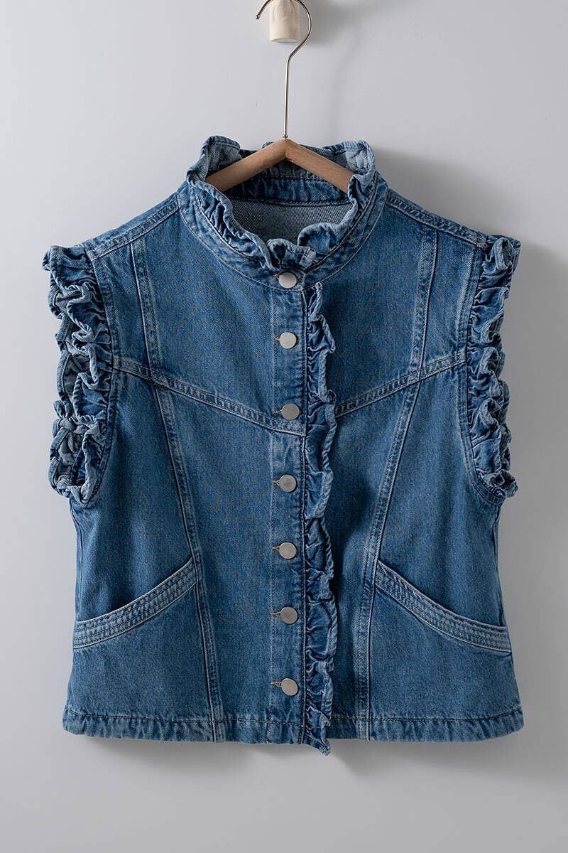 Victorian Muse Ruffle - Trim Denim Vest – High Collar Statement Layer - themonogram manor 
