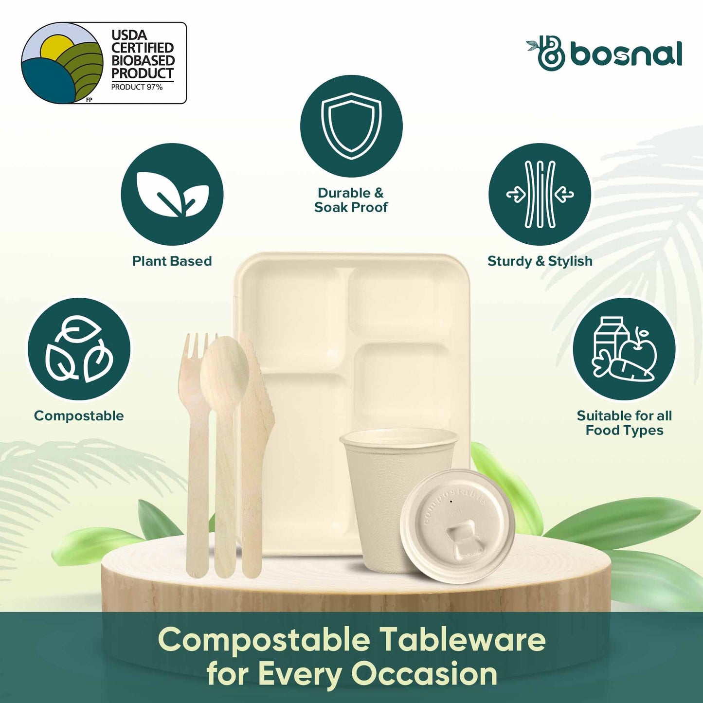 Bosnal – Sugarcane Bagasse Compostable 5 - Compartment Trays & 8 Oz Cups with Lids & Cutlery - themonogram manor 