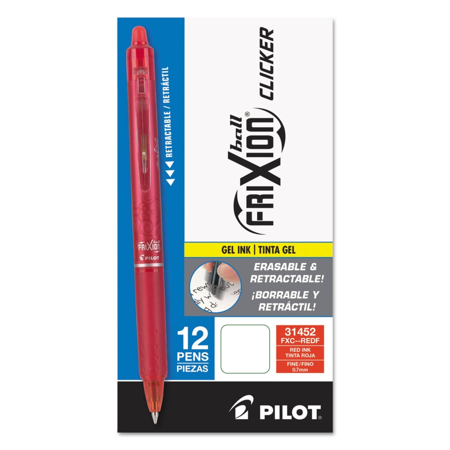 Pilot FriXion Clicker Erasable Gel Pen, Retractable, Fine 0.7 mm, Red Ink, Red Barrel - themonogram manor 