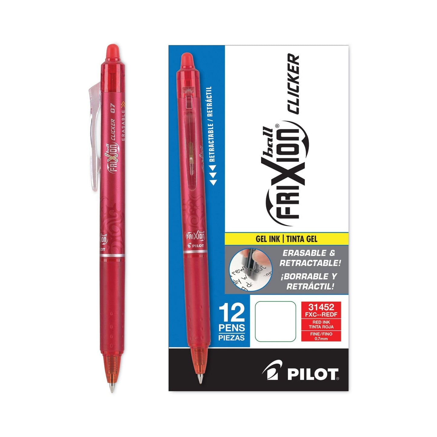 Pilot FriXion Clicker Erasable Gel Pen, Retractable, Fine 0.7 mm, Red Ink, Red Barrel - themonogram manor 