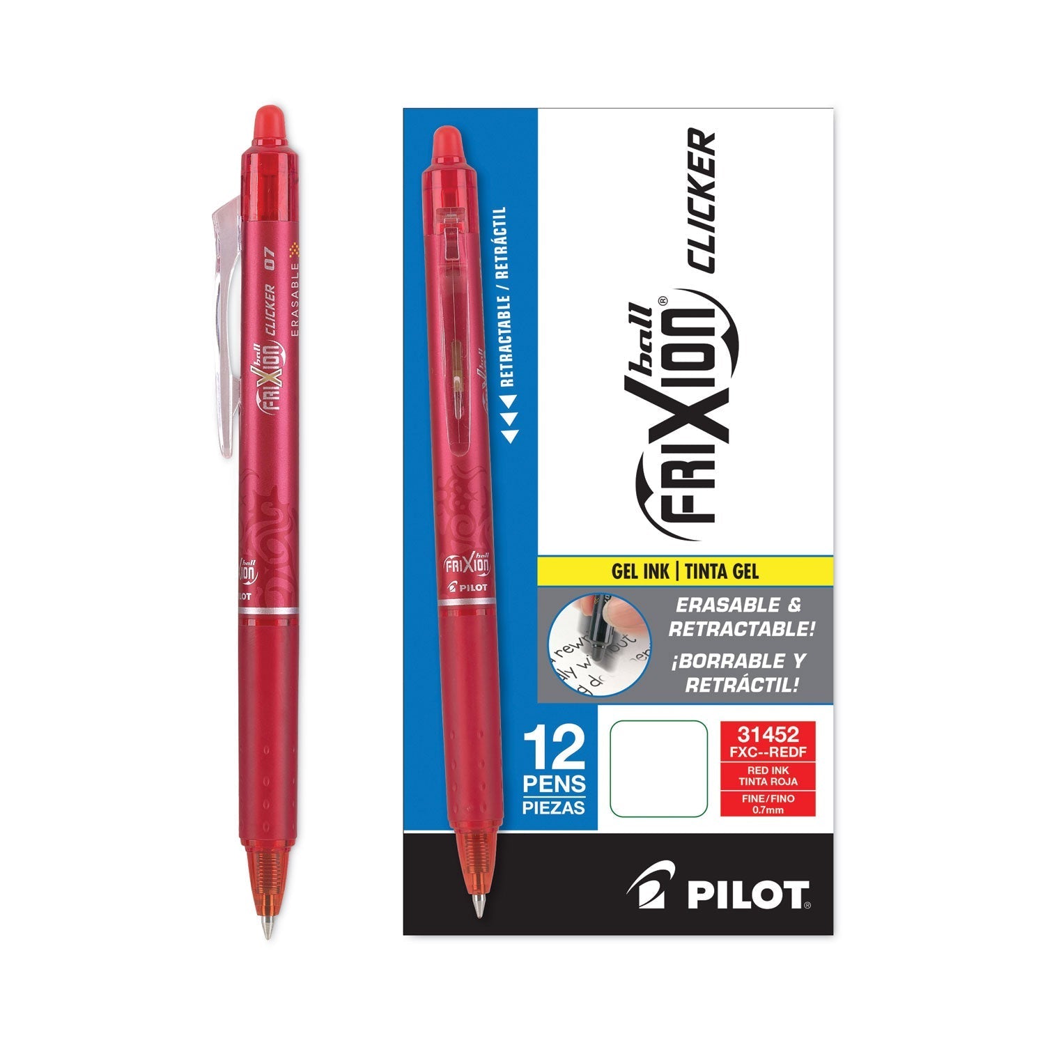 Pilot FriXion Clicker Erasable Gel Pen, Retractable, Fine 0.7 mm, Red Ink, Red Barrel - themonogram manor 