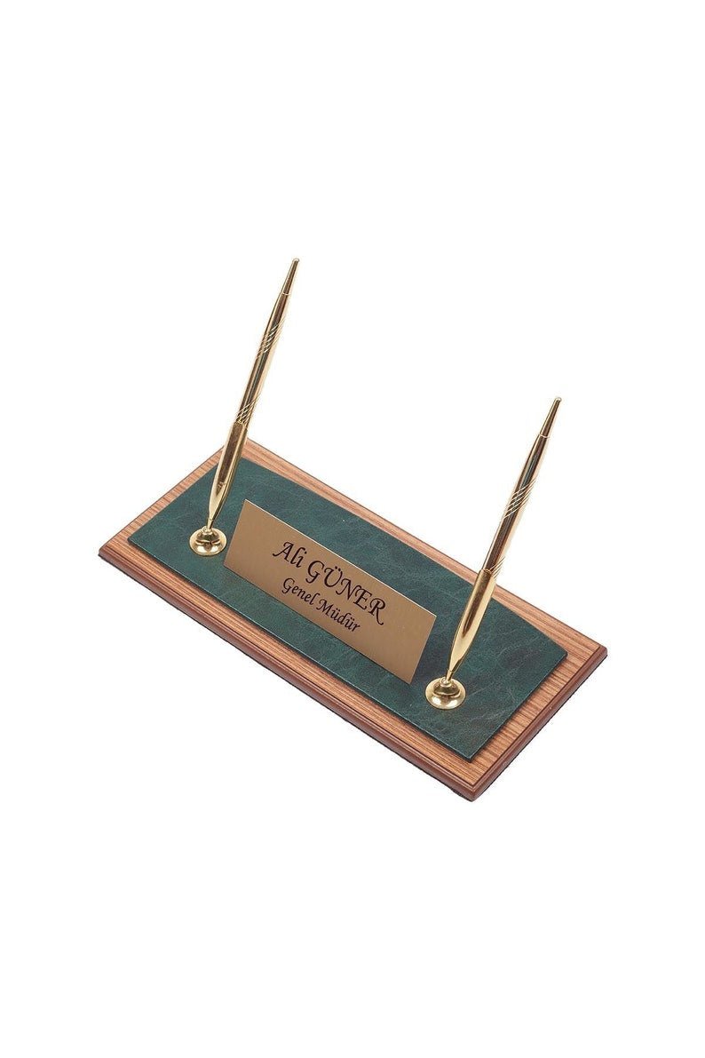 MOOG Star Leather Desk Set - Walnut Wood Combination - Double Document Tray - Green - 11 PCS - themonogram manor 