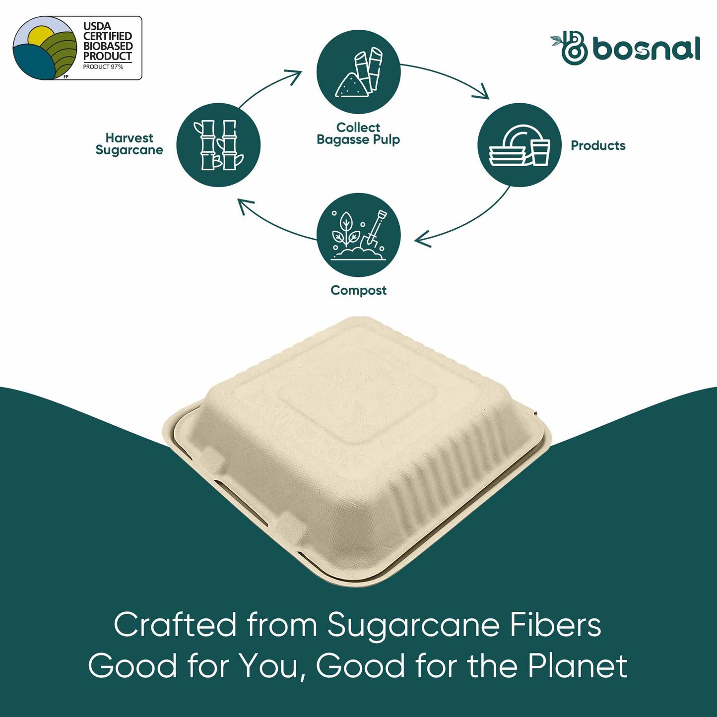 Bosnal - Sugarcane Bagasse Compostable 9 Inch 3 - Compartment Clamshell - Case of 8 (200 Pcs) - themonogram manor 