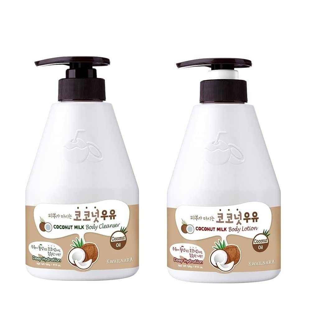 Kwailnara Coconut Milk Body Lotion & Body Wash Set – Deeply Hydrating & Refreshing Korean Skincare Set with Coconut Extract, 560G / 19.75Oz Each - themonogram manor 