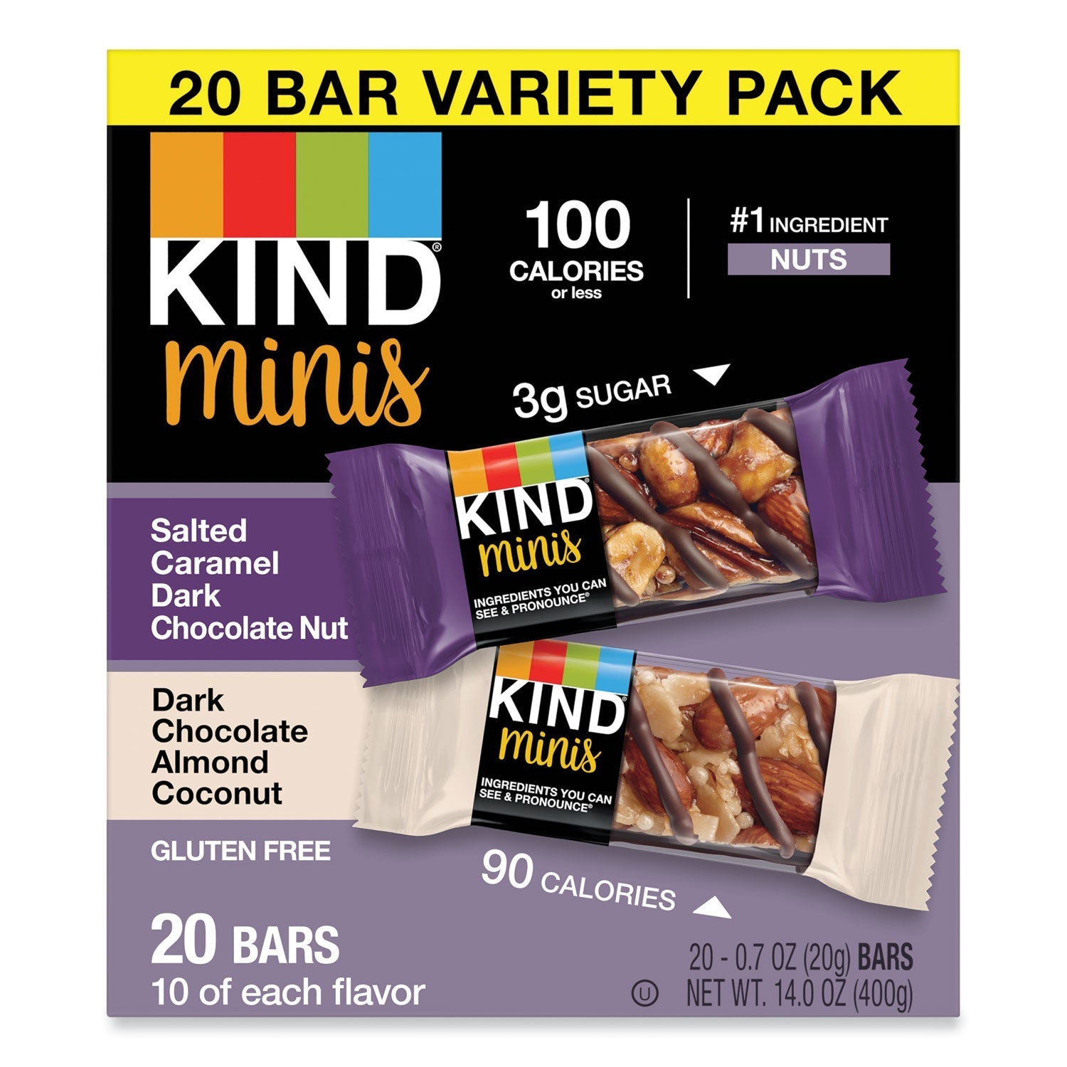 KIND Minis, Salted Caramel and Dark Chocolate Nut/Dark Chocolate Almond and Coconut, 0.7 oz, 20/Pack - themonogram manor 