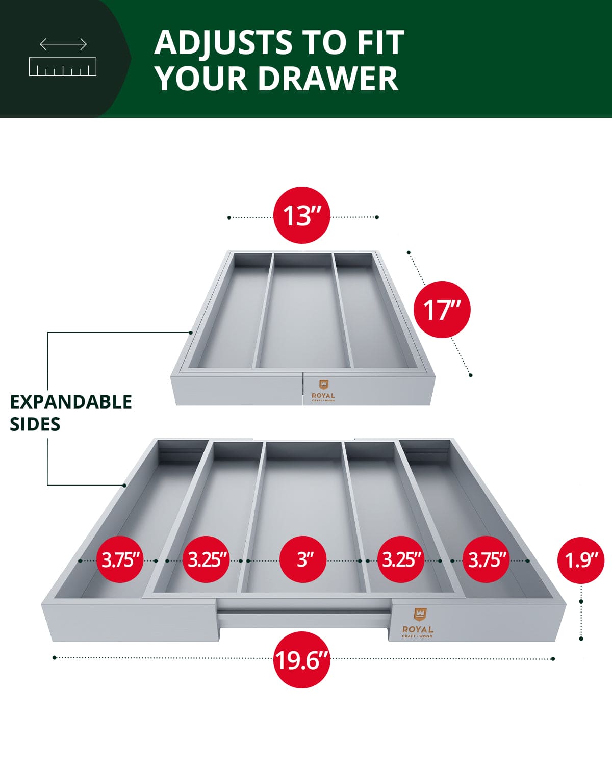 Utensil Drawer Organizer, Gray (5 Slots) - themonogram manor 