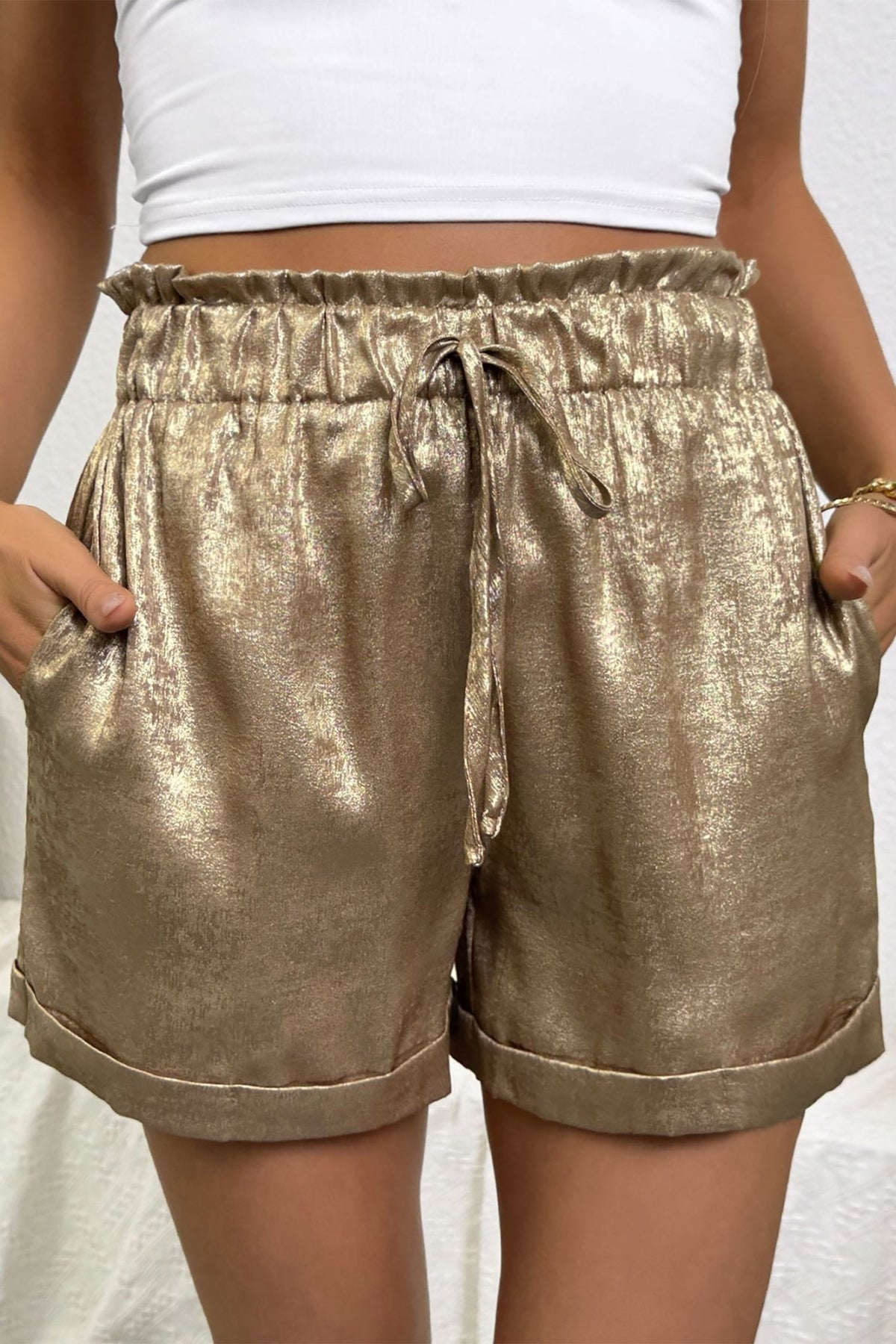 Metallic Tie Elastic Waist Cuffed Hem Shorts - themonogram manor 