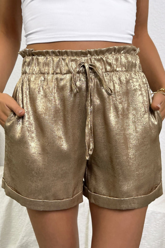 Metallic Tie Elastic Waist Cuffed Hem Shorts - themonogram manor 