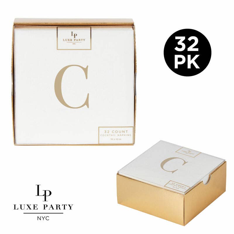 Letter C Gold Foil Monogram Paper Cocktail Napkins with Gift Box | 32 Napkins - themonogram manor 