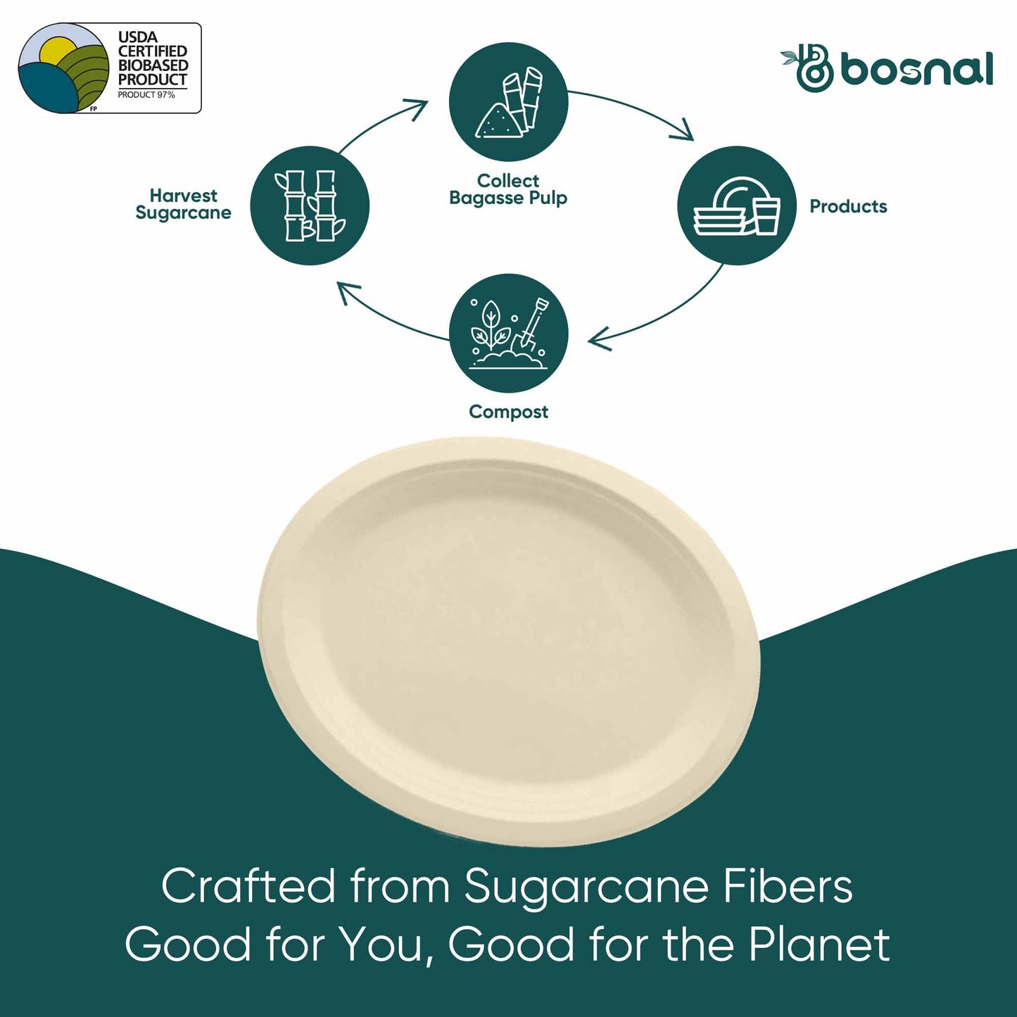 Bosnal - Sugarcane Bagasse Compostable 10 inch Oval Plates - Case of 20 (500 Pcs) - themonogram manor 