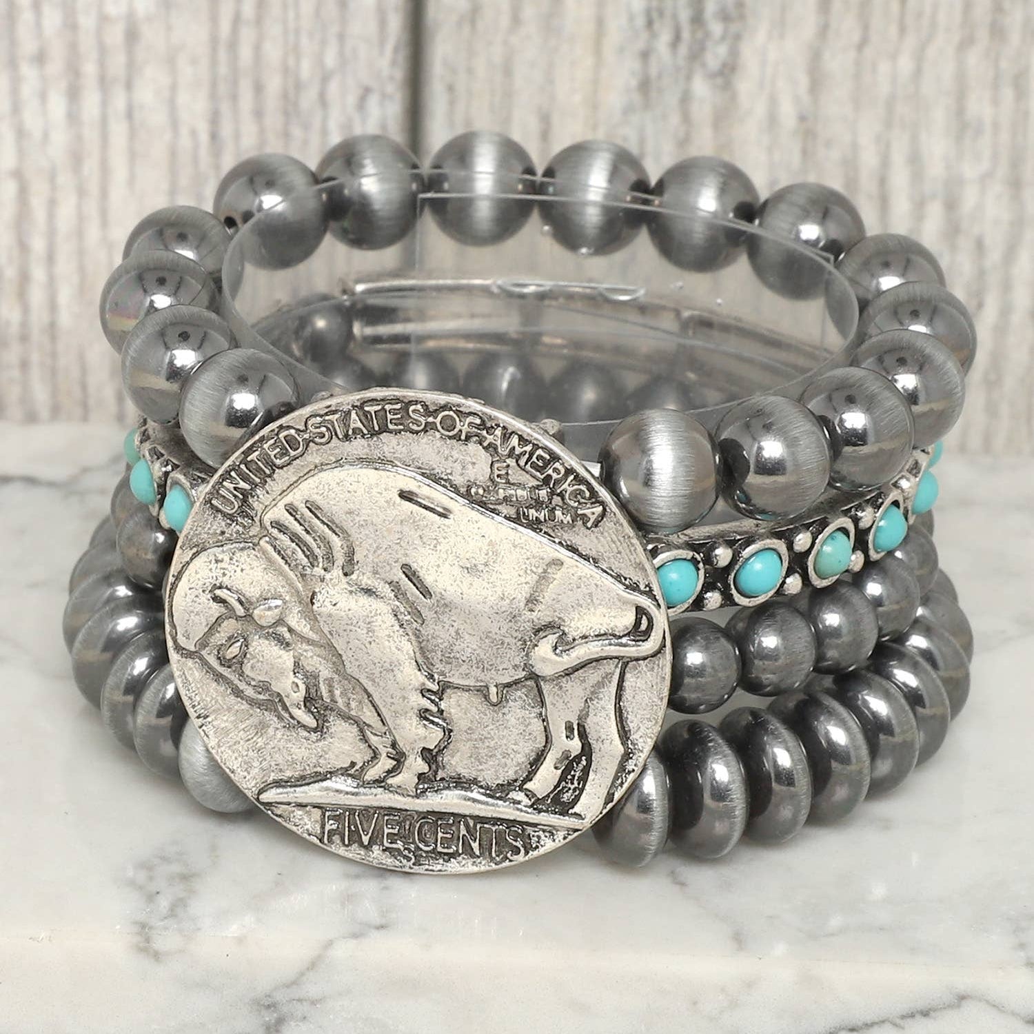 Vintage Style Buffalo Coin Pearl Bead Bracelet | Cowgirl Western Boho Bison Coin Beaded Stacked Stretch Bracelet - themonogram manor 